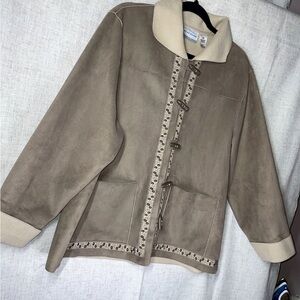 Faux Seude Shearling Embroidered Floral Ribbon Toggle Jacket with Relaxed Fit